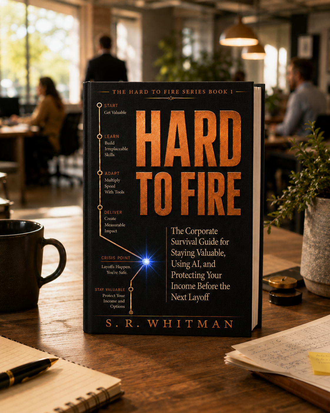 Hard to Fire displayed on a desk in a warmly lit corporate office