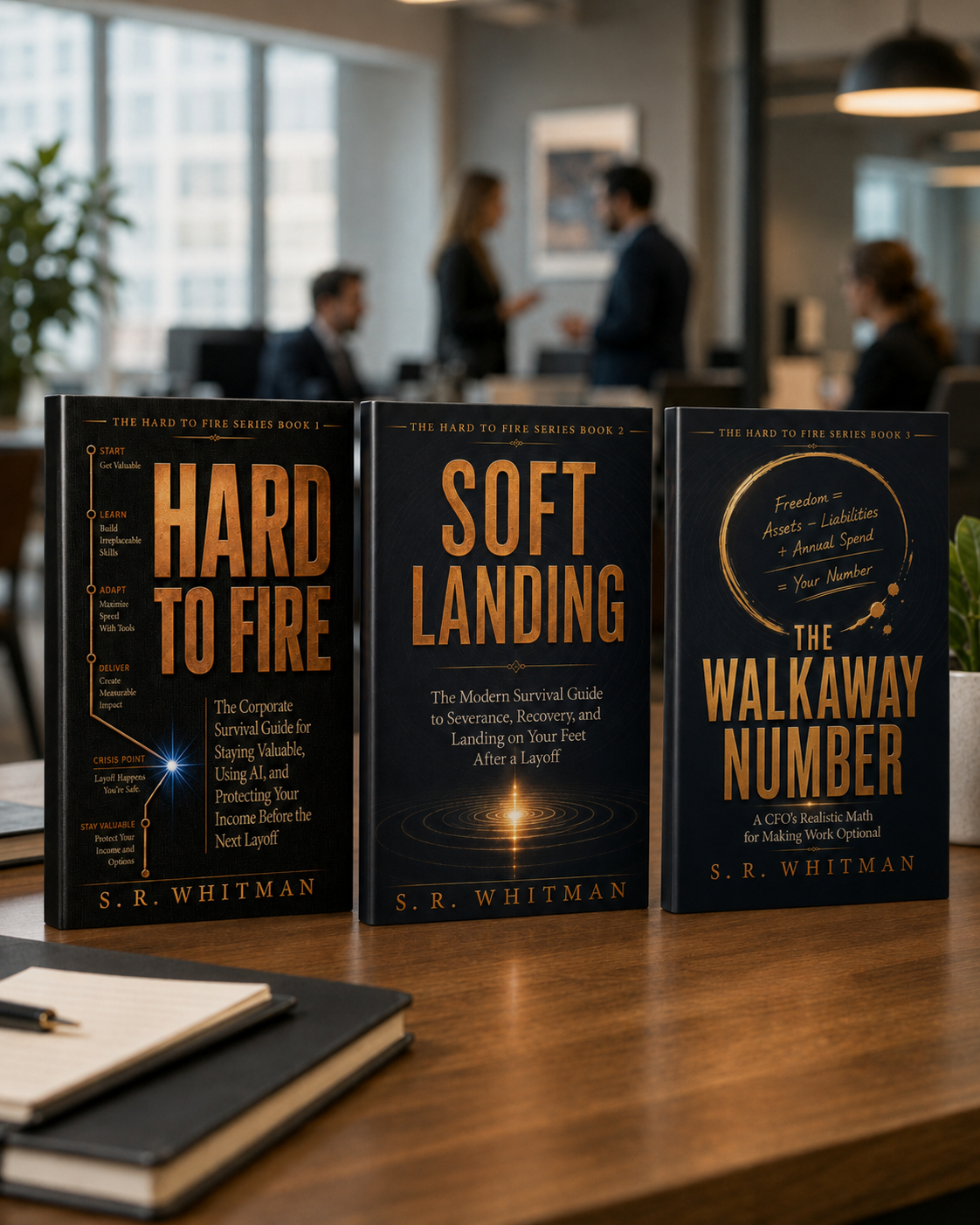 The three Hard to Fire books displayed together in a corporate office: Hard to Fire, Soft Landing, and The Walkaway Number.