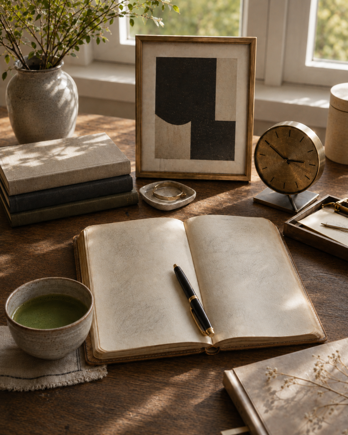 A warmly lit private workspace with a notebook, pen, clock, and morning light.