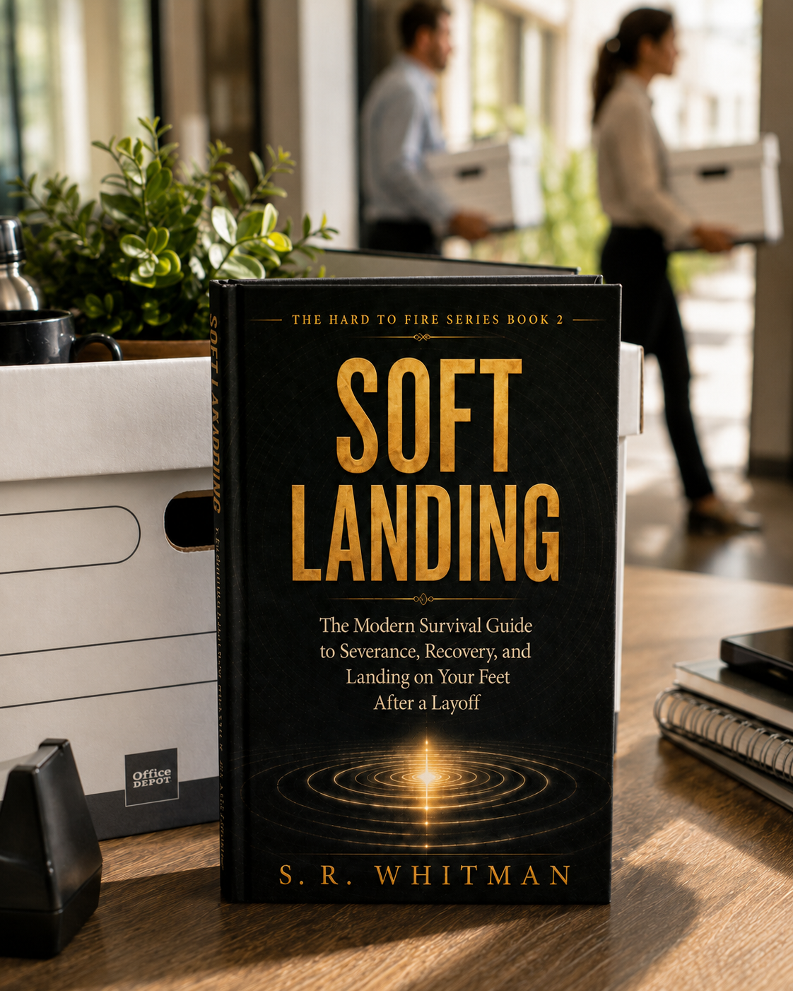 Soft Landing displayed on a desk beside moving boxes while two workers carry boxes out of the office.