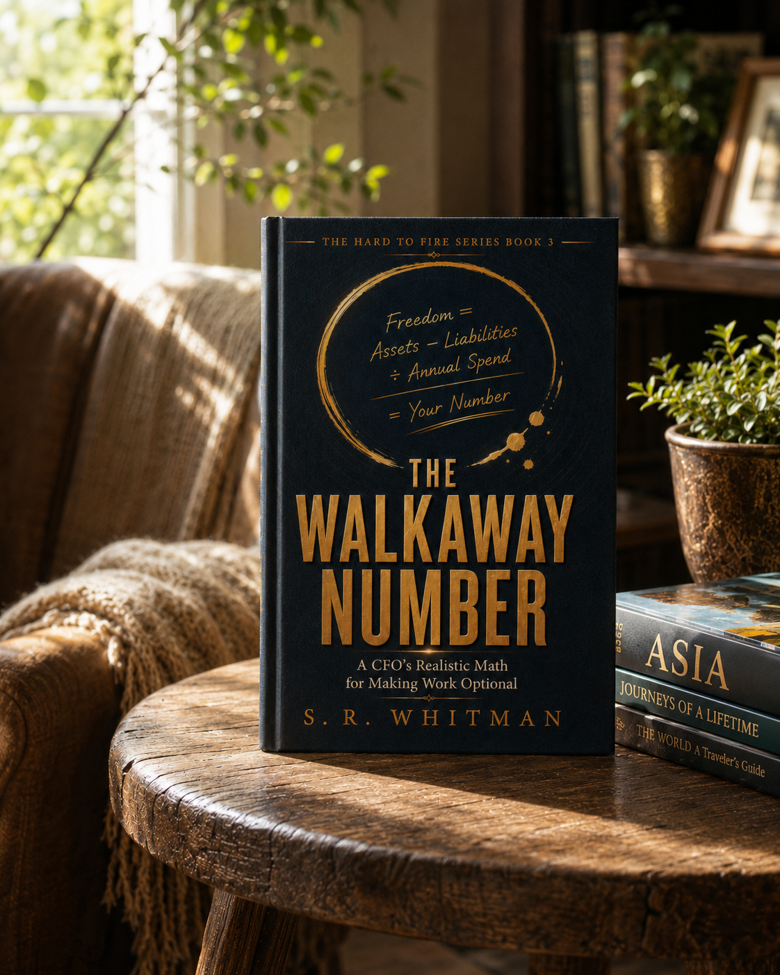 The Walkaway Number displayed on a small table beside an armchair and a stack of books in a warmly lit room.